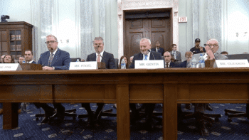 David Armstrong Fink (far left) and Robert A. Gleason Jr. (far right) were among those testifying at a nominations hearing for their potential positions at FRA (Fink) and Amtrak (Gleason). (Screen grab from a Senate Committee on Commerce, Science, and Transportation Video)